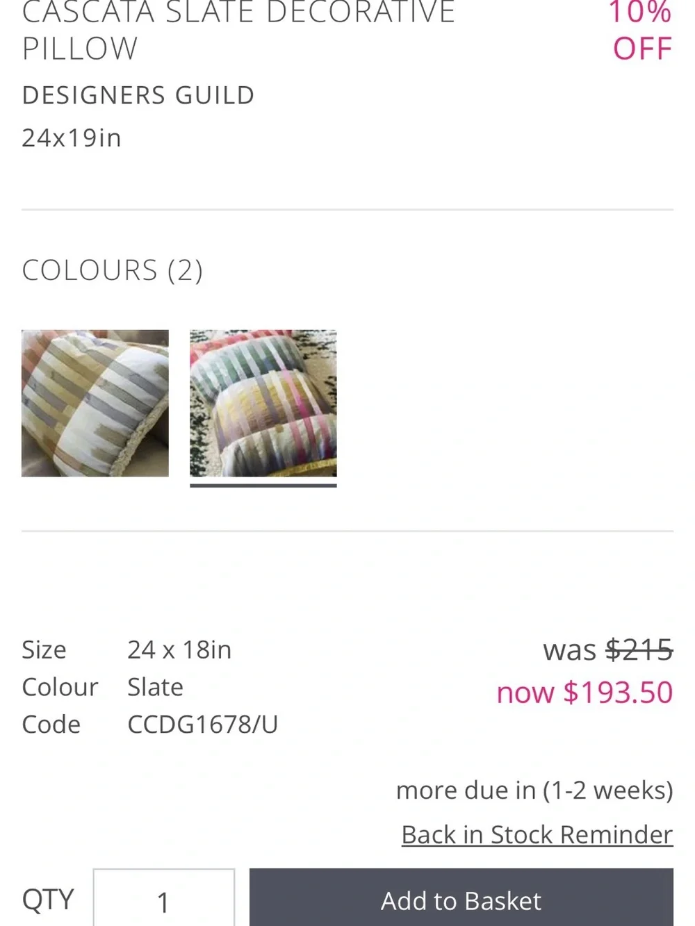 Designers Guild Cascata Slate Pillow in Slate, Pink, Yellow and Cream